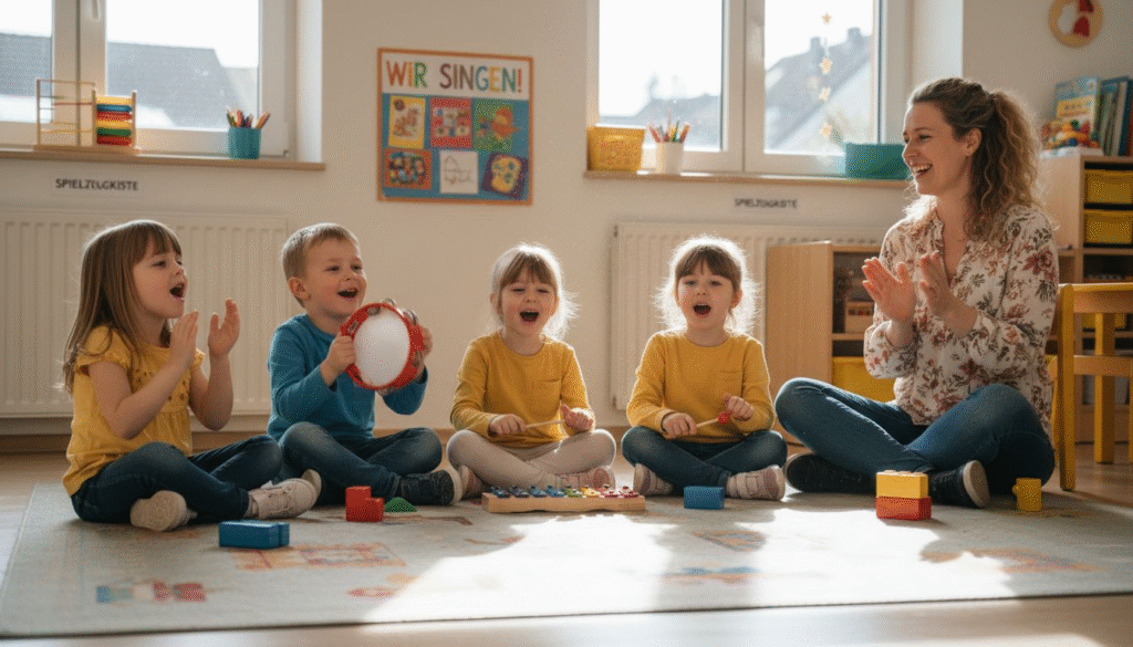 Gemeinsam mit ihrer Erzieherin singen die Kindergartenkinder fröhliche Lieder.