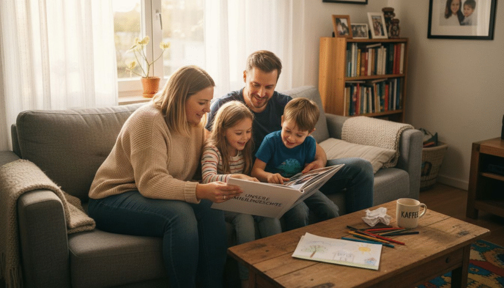 Gemeinsam auf dem Sofa schmökert die Familie in ihrem ganz persönlichen Buch.