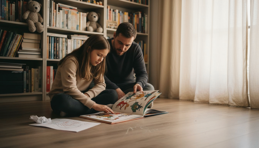 Ein Vater liest seinem Kind ein individuell gestaltetes Buch vor.