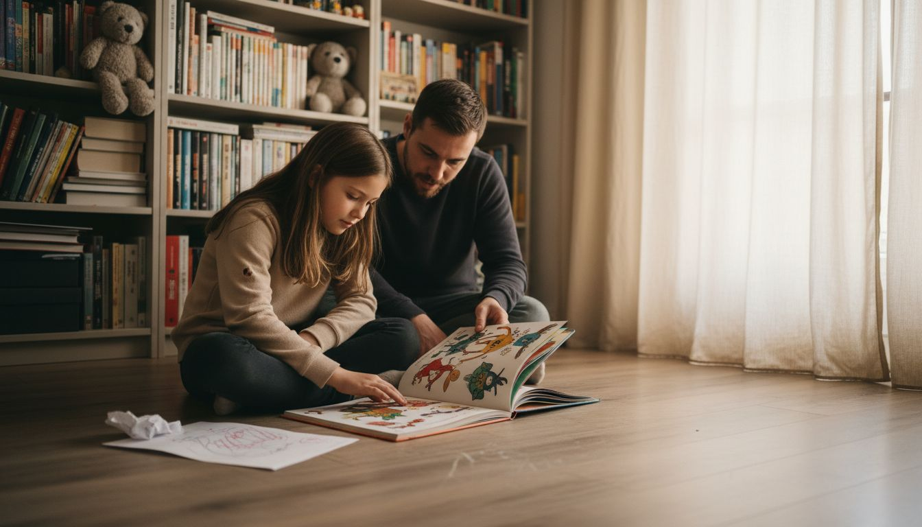 Ein Vater liest seinem Kind ein individuell gestaltetes Buch vor.