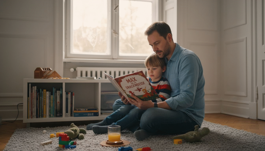 Ein Vater liest seinem Sohn ein individuell gestaltetes Buch vor.