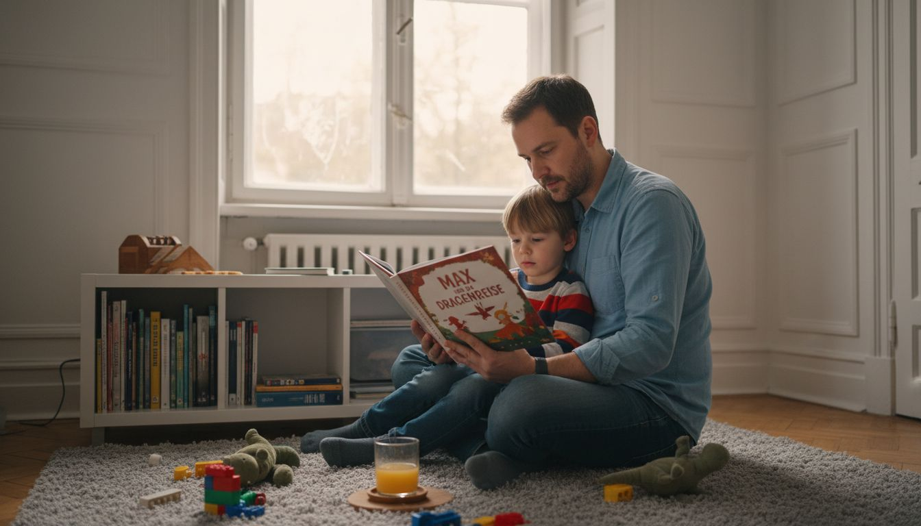 Ein Vater liest seinem Sohn ein individuell gestaltetes Buch vor.