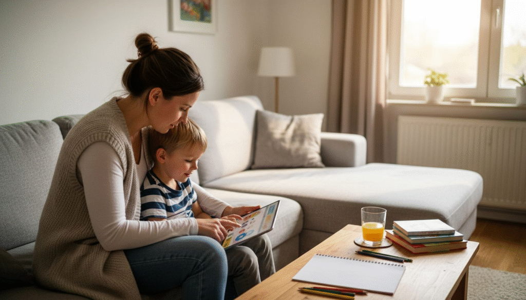 Eine Mutter entdeckt gemeinsam mit ihrem Kind ein interaktives Kinderbuch auf dem Tablet.