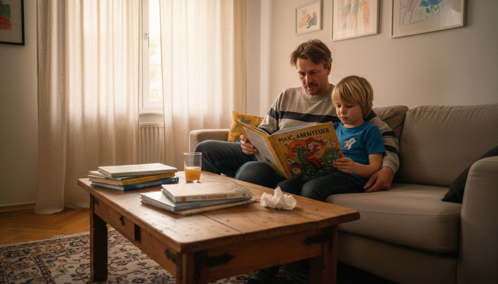 Gemeinsam tauchen Vater und Sohn in die Welt ihres ganz persönlichen Buches ein.