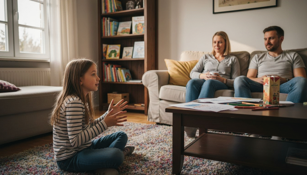 Ein Kind denkt sich eine eigene fantasievolle Geschichte aus und erzählt sie mit leuchtenden Augen.