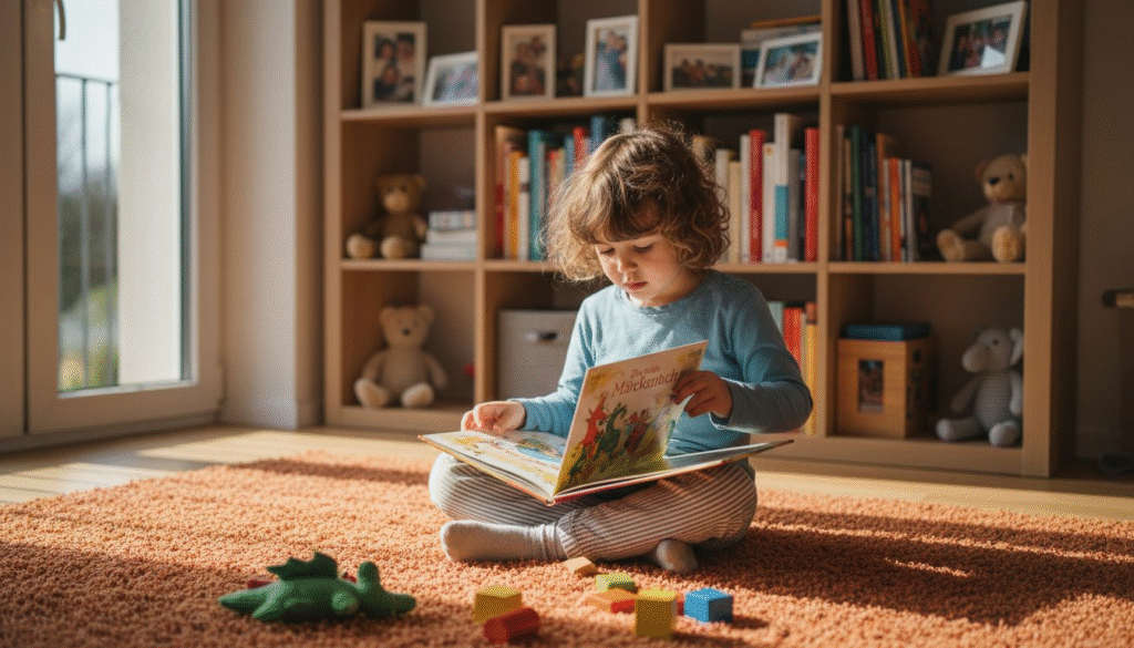 Ein Kind sitzt gemütlich im Wohnzimmer und vertieft sich in ein Märchenbuch.