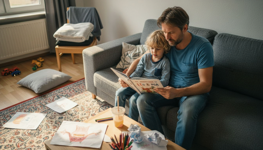 Ein Vater liest seinem Kind eine individuell gestaltete Geschichte vor.