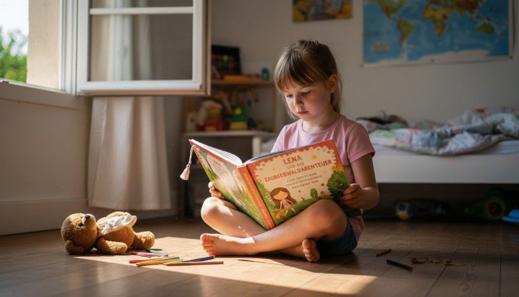 Ein Kind blättert neugierig in seinem ganz persönlichen Einschulungsbuch.