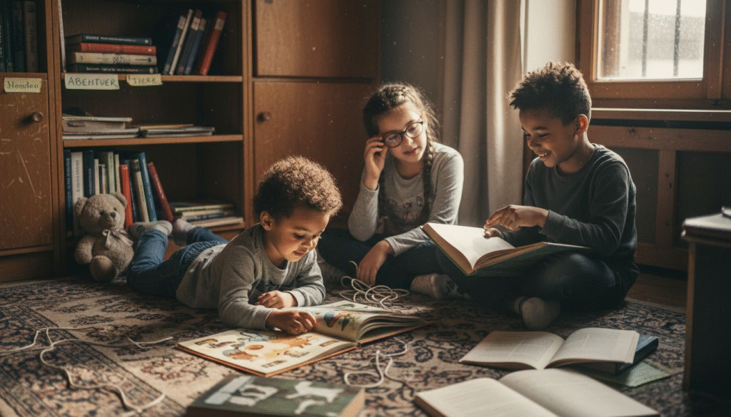 Kinder aus unterschiedlichen Kulturen sitzen gemeinsam und lesen ein Buch.