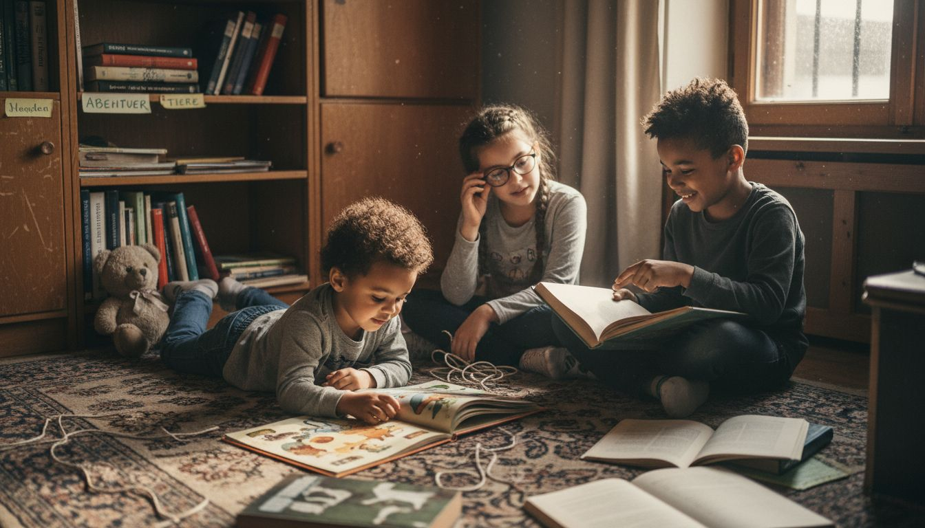Kinder aus unterschiedlichen Kulturen sitzen gemeinsam und lesen ein Buch.