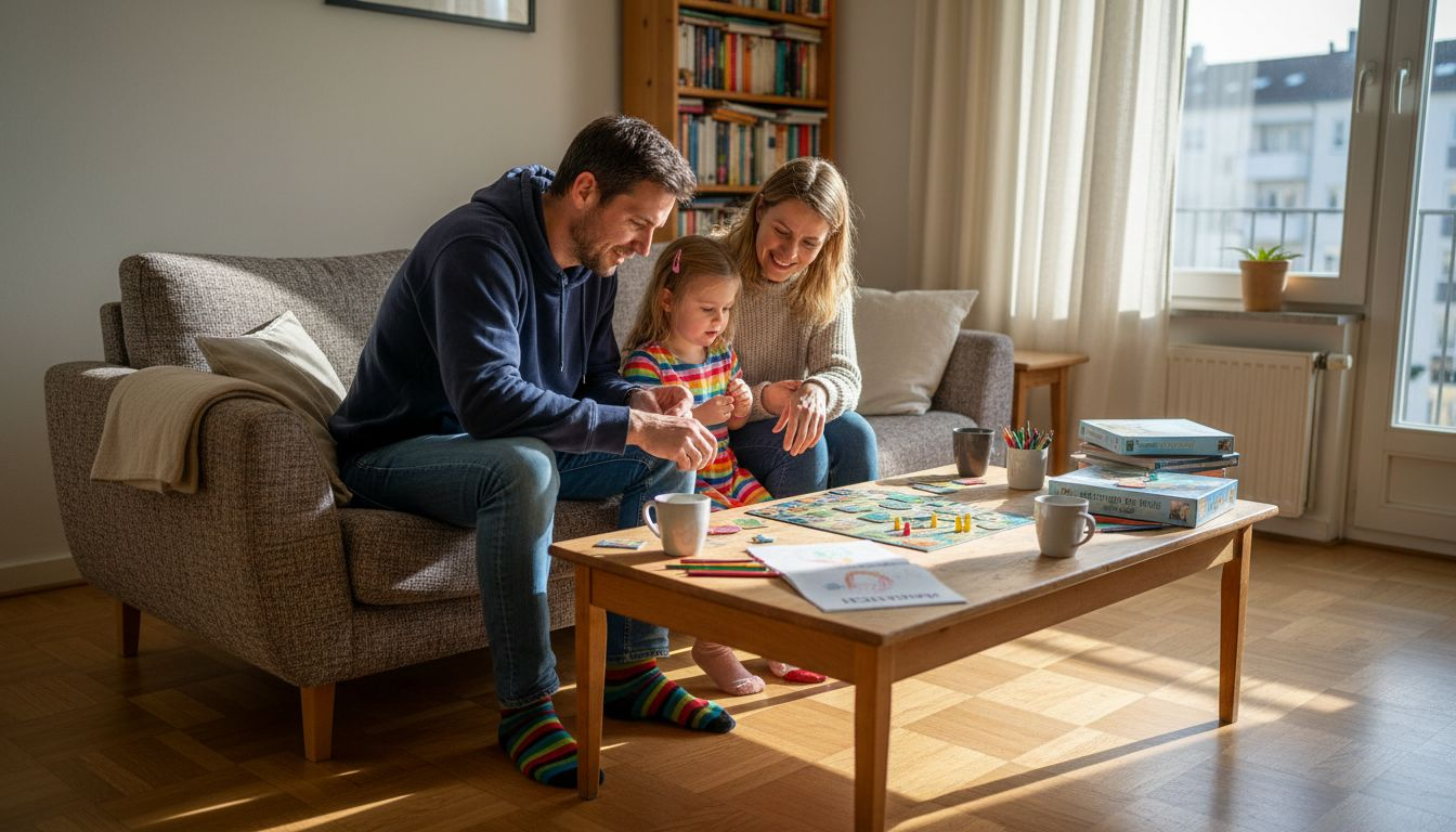 Im Wohnzimmer verbringen Eltern und Kinder gemeinsam Zeit beim Spielen.