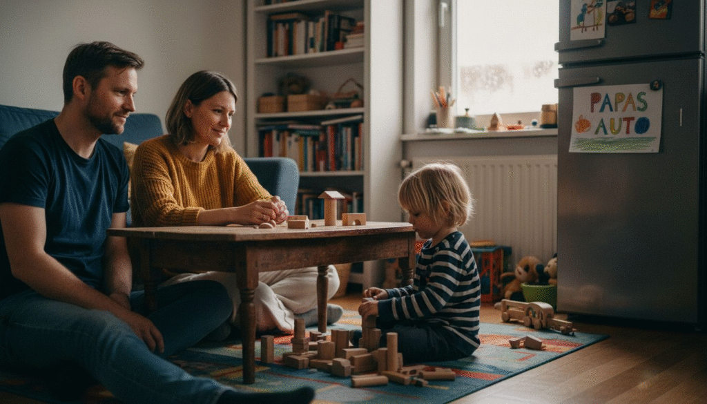 Im Wohnzimmer schauen die Eltern ihrem Kind beim Spielen zu.