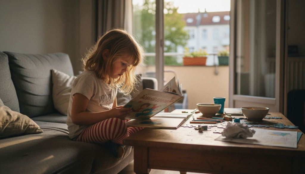Ein Kind sitzt gemütlich auf dem Sofa und vertieft sich in sein ganz persönliches Buch.