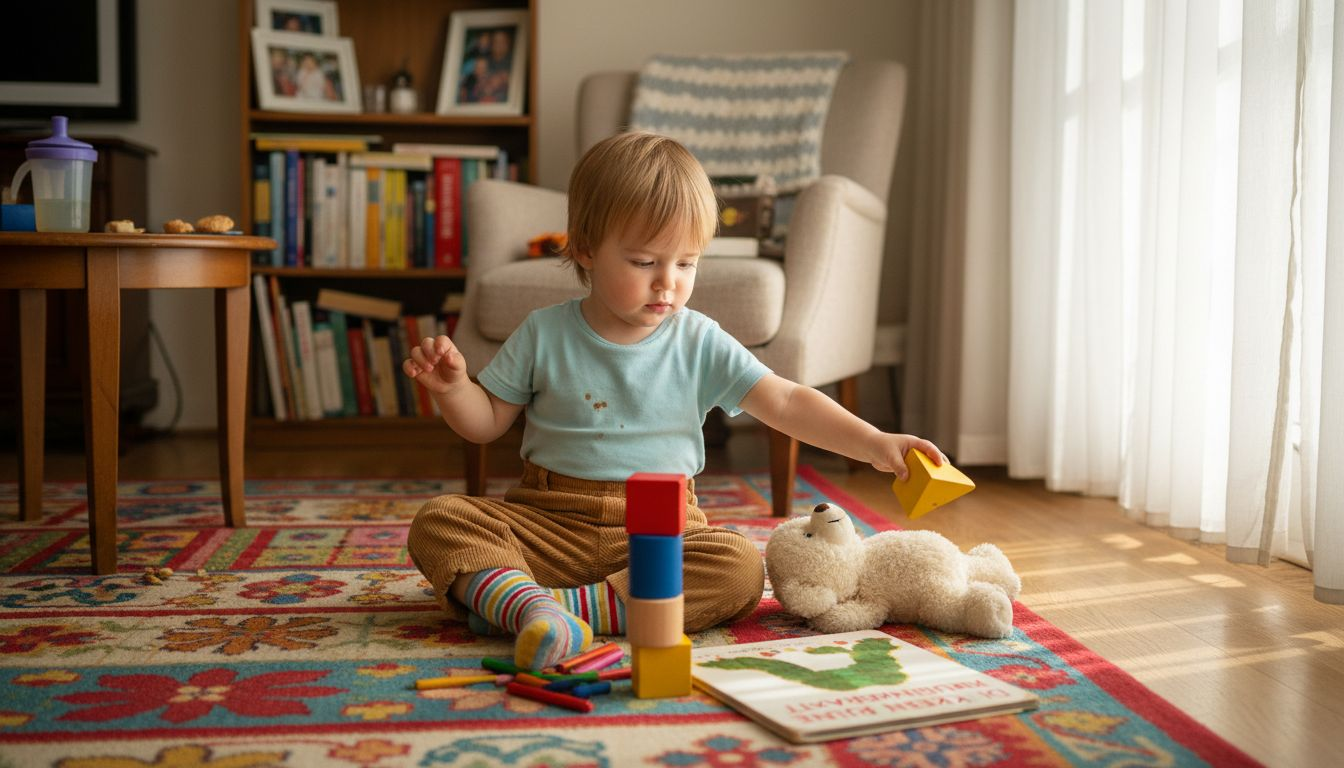 Ein Kleinkind spielt zu Hause vergnügt mit seinen Spielsachen.