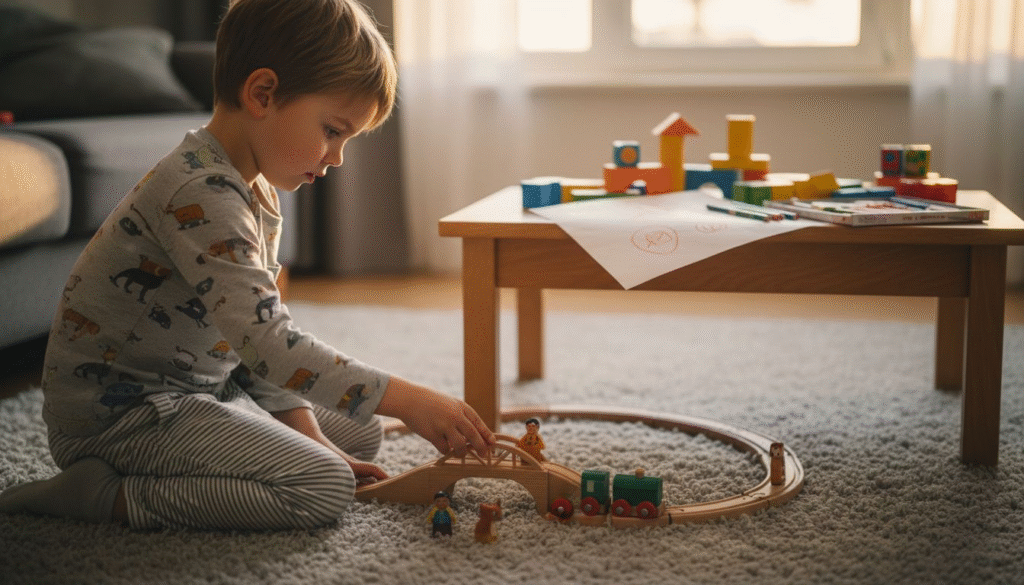 Ein Kind taucht voller Fantasie in sein Spiel mit der Holzeisenbahn ein.