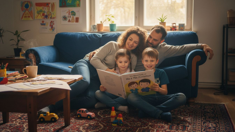 Gemeinsam schmökert die Familie in einem Buch über Geschwister.